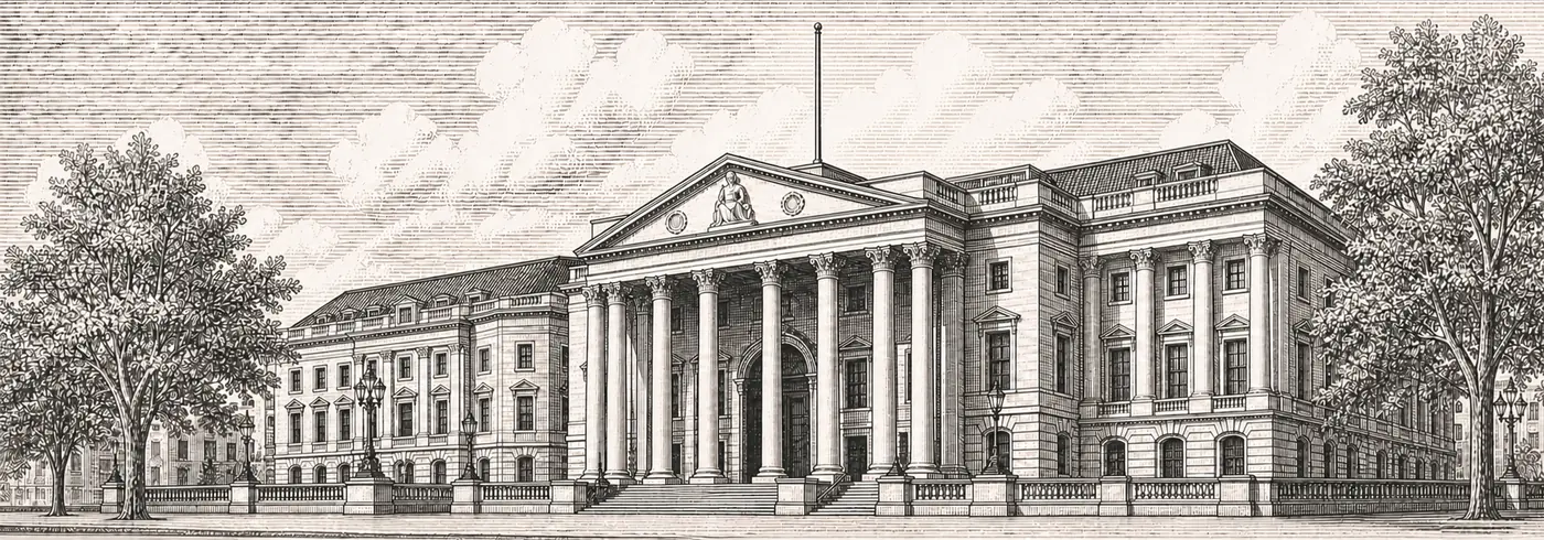 Engraved illustration of the Bank of England, which publishes Monetary Policy Summary