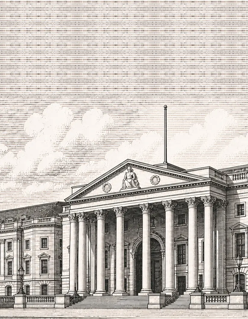 Engraved illustration of the Bank of England, which publishes Monetary Policy Summary